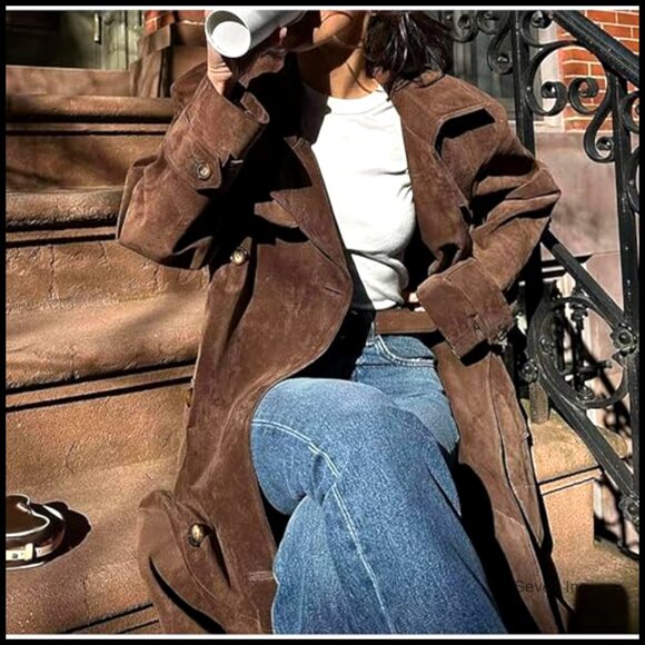 Faux Suede Long Trench Coat Notched Lapel Double Breasted Slim Fit Elegant - Picture 5 of 7